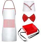 Didaey 4 Pcs Mardi Gras Soda Jerk Costume Outfit Adult Waiter Popcorn Costume 1950s Red and White Strip Apron