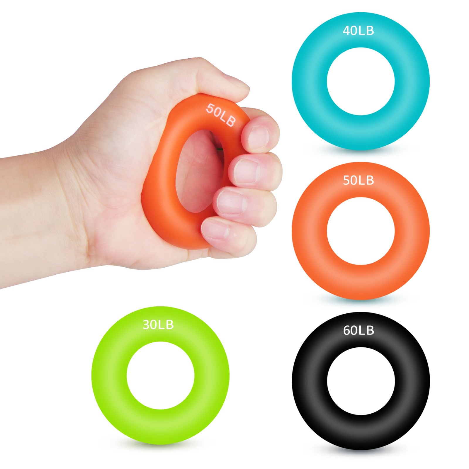 Atong Hand Strengthener Grip Ring 4-Pack Fingers Training Ring Silicone - Forearm Exerciser Hand Grip Trainer Strengthener 30-60LB Grip Strength for Muscle Training, Rock Climbing,Sports,Fitness