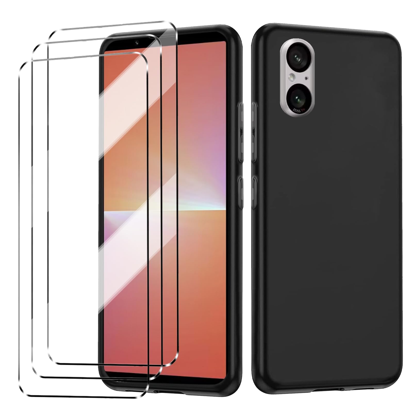 [4 in 1] Case Compatible with Sony Xperia 5 V Cover with 3 Pack Tempered Glass Screen Protector for Sony Xperia 5 V, Slim Fit Soft TPU Shockproof Anti-Scratch Phone Case Cover - Black