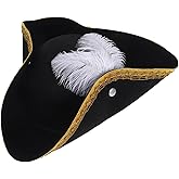 DECHOUS Tricorn Pirate Hat with Feather: Halloween Cosplay Colonial Tricorn Hat Black for Men Women Halloween Costume Cap Accessories for Masquerade Carnival Party