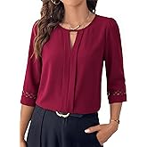 Dokotoo Womens 3/4 Sleeve Tops Dressy Blouses Crewneck Business Casual Office Shirts Clothes
