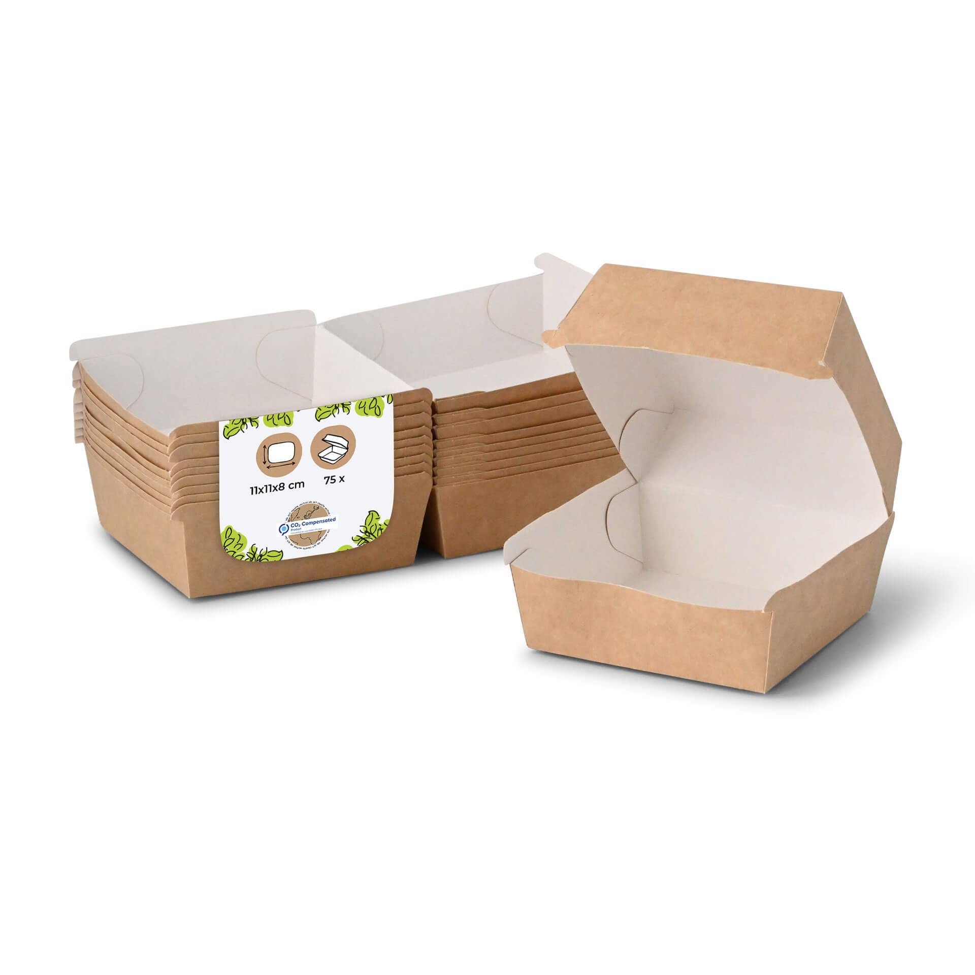 BIOZOYG Take Away Burger Box 75 pieces I Burger boxes with hinged lid I Hamburger box made of fresh fibre carton I To Go Burger packaging fat resistant brown-white 11.5 x 10.5 x 8 cm I recyclable