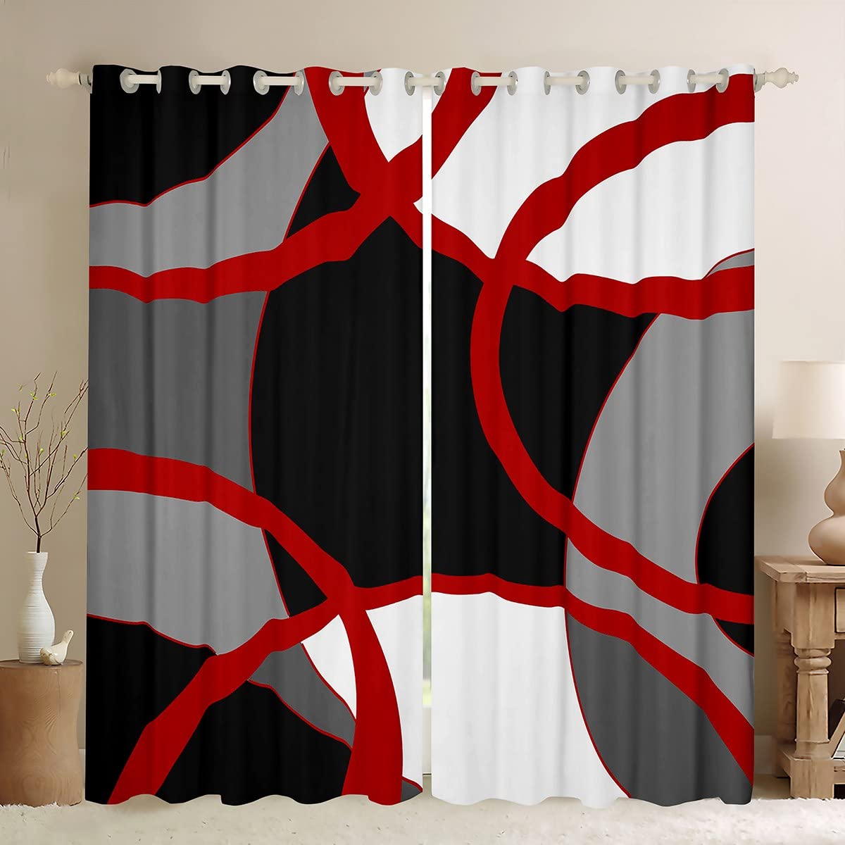 Homemissing Red Grey and Black Darkening Dreapes Retro Circle Window Curtains Modern Geometric Blackout Curtains Retro Stripe Swirl Window Treatments Modern Abstract Art W66*L90 — image 1