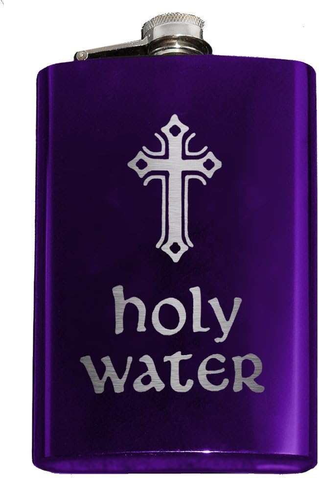 HOLY WATER Engraved 8oz Stainless Steel Hip Flask (Purple