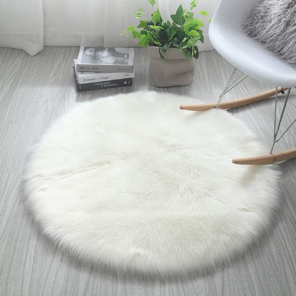 HARESLE Faux Fur Rug Round Shape Shaggy Rugs Floor Carpet for Bedroom Living Room Kids Room (White,Diam 50cm/19.6in/1.64ft)