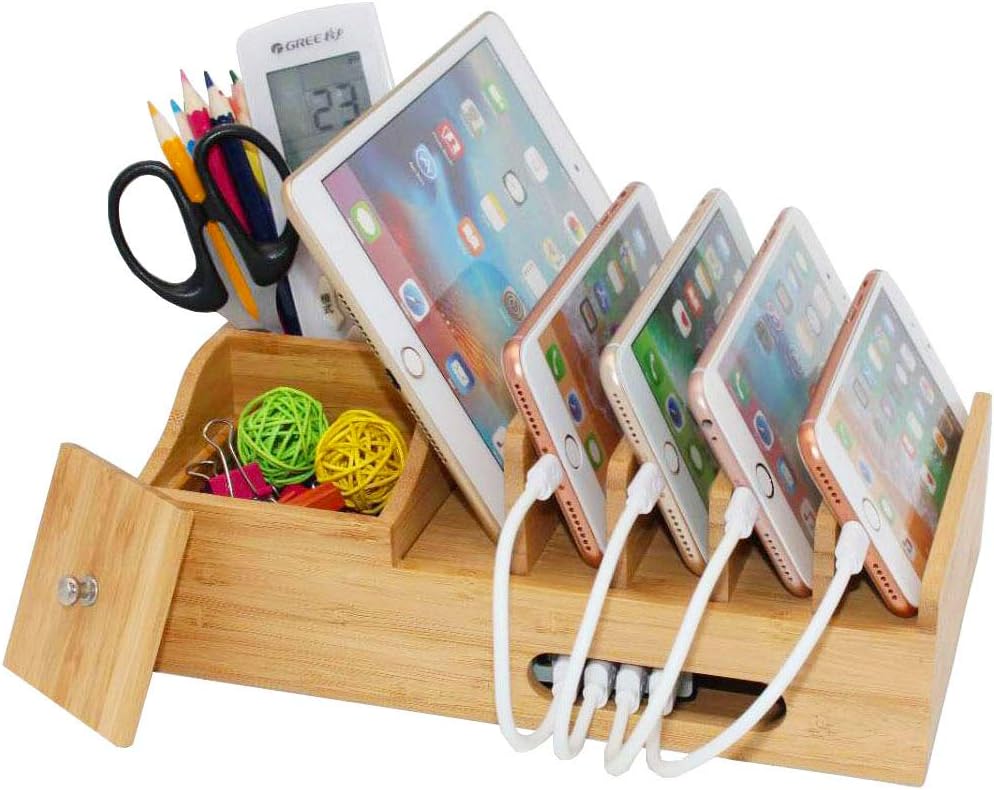 Bamboo Charging Station for Multiple Devices Docking Stand Storage Box Desktop Holder Organizer (Hub, Cables Not Included)