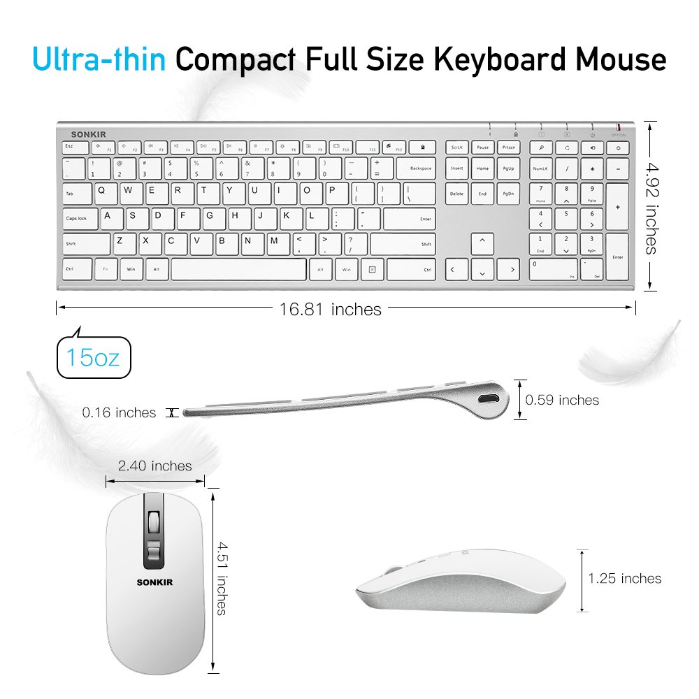 Wireless Keyboard Mouse, Sonkir K-18 2.4GHz Rechargeable Full Size Keyboard and Mouse Combo for Windows, Laptop, PC, Notebook (Silver)