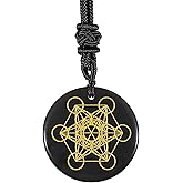 SUNYIK Engraved Black Obsidian Crystal Stone Necklace for Women Men Healing Crystal Amulet Round Stone Pendant for Protection with Adjustable Rope 18"-25"
