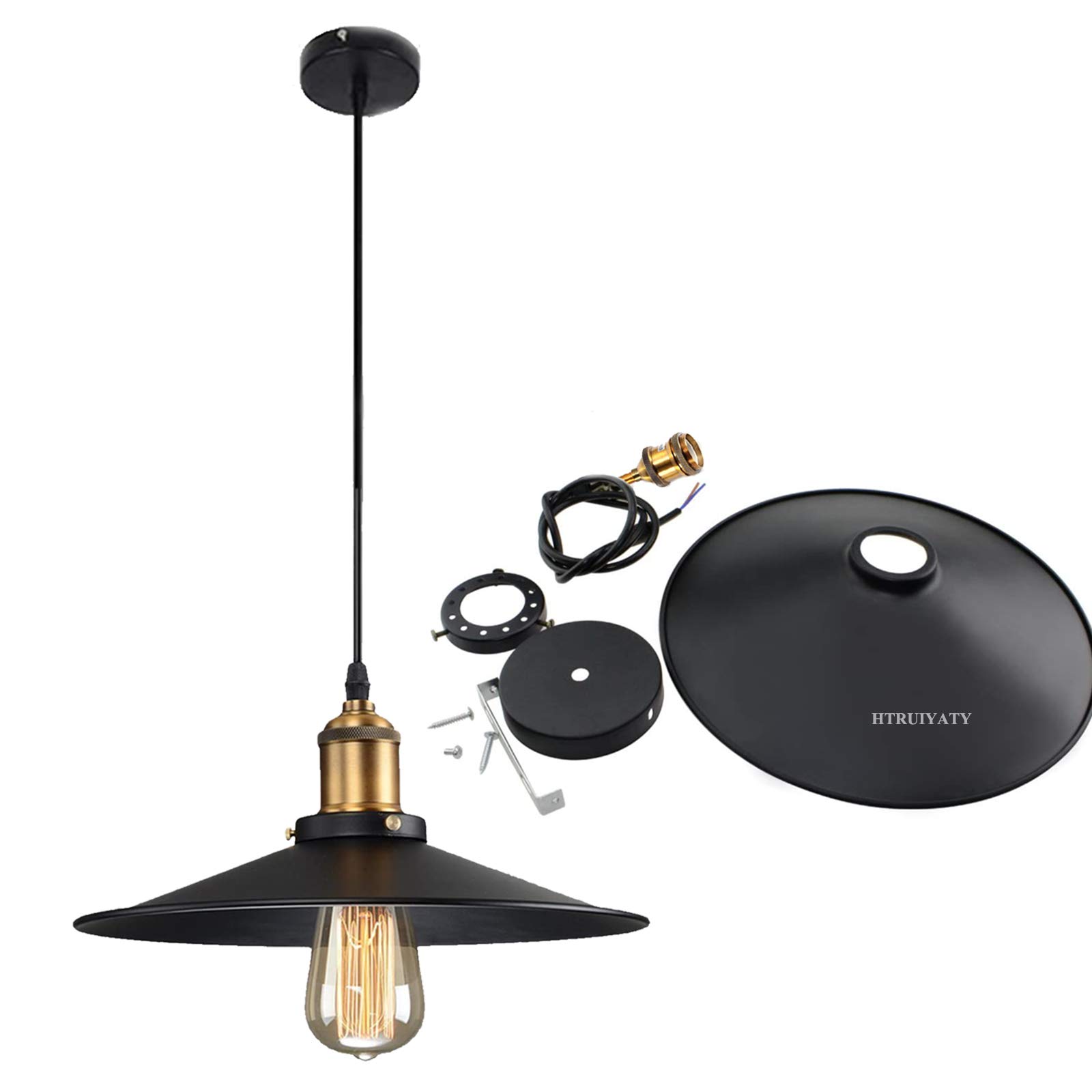 HTRUIYATY Elegant Vintage Industrial Pendant Lighting Ceiling Rustic Pendant Lampshade Adjustable Hanging Lights Fitting for Kitchen, Dining Room (Black)
