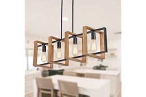 POROULUX Dining Room Light Fixture Farmhouse Pendant Lights Kitchen Island Rustic Kitchen Light Fixtures 4 Lights Wood and Black Metal Rectangular Chandelier Ceiling Hanging Lighting 35.4"