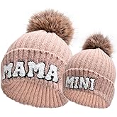 ZUYYON 2 Pcs Parent-Child Beanie Hats Mama and Mini Embroidery Knitted Hats Winter Warm Cuffed Ski Cap with Pom Pom