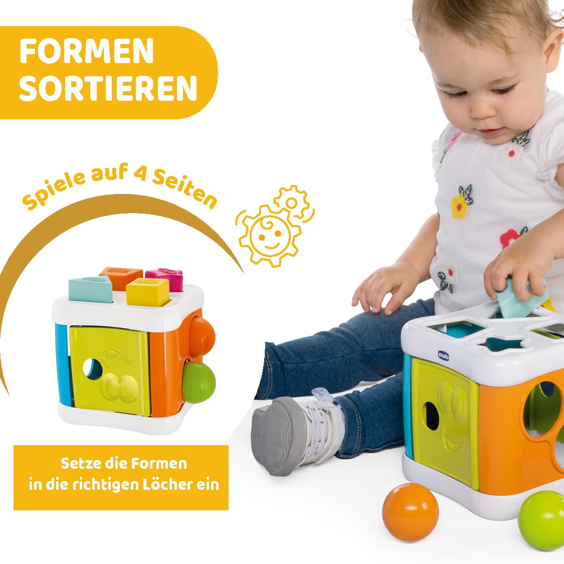 Chicco 2 IN 1 SORTIER & SCHLAGWÜRFEL, Sortieraktivität mit 4 Formen auf Zwei Würfelseiten mit Hammer für 2 Kugel, bunt, 10M+ 4