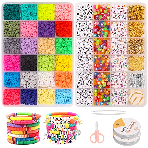 7100 Clay Beads for Jewelry Bracelet Making Kit, 24 Colors Flat Polymer Heishi Beads with Letter Beads, Gold Beads, Pendant Charms and Elastic Strings, Gift for Girls Age 6-12