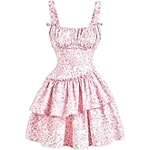 Narecte Womens Summer Dresses Floral Casual Mini Dresses for Women A Line Sun Dress Cute Ruffle Dress Pink M