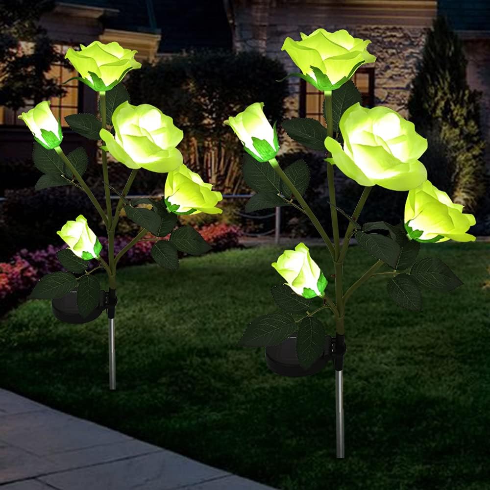 Rose Flowers Solar Light Outdoor,Landscape Lights Decorative Solar Garden Stake Lights with 10 Yellow Rose Flowers Waterproof for Garden Patio, Yard,Pathway, Walkway,Lawn Decoration (2 Pcs)