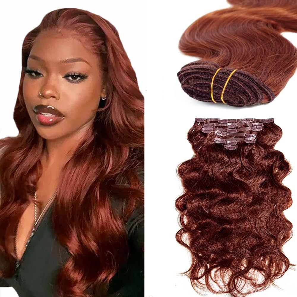Photo 1 of #33 Reddish Brown Clip in Hair Extensions Human Hair, Copper Red Body Wave Remy Human Hair Extensions Clip ins for Women, 18 Inch 120g 7Pcs, Auburn Brown Hair Extension