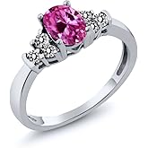 Gem Stone King 925 Sterling Silver Pink Created Sapphire and White Diamond Ring For Women (0.80 Cttw, Oval 6X4MM)