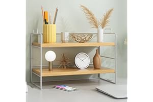 GENDLTHIJ Desktop Shelf Organizer, Small Wood Countertop Bookshelf Adjustable Desktop Organizer Office, Desk Storage Tabletop Display Shelf for Home Office Kids Dorm (Wood White Frame)