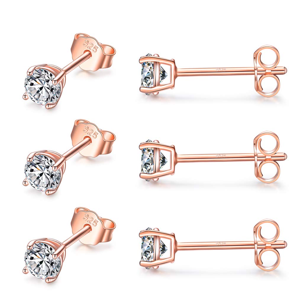 CERSLIMO Silver Stud Earrings for Women Men Girls, 3 Pairs Sterling Silver Tiny Cubic Zirconia Stud Earrings Small Dainty Cartilage Tragus Sleeper Earrings Set (4mm, Rose Gold)