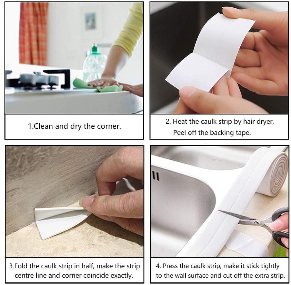 2 Pack Tape Caulk Strip, PVC Self Adhesive Caulking Sealing Tape for Kitchen Sink Toilet Bathroom Shower and Bathtub, 1-1/2" x 11' White - - 