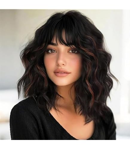 Shoulder Length Layered Curly Wig with Bangs Modern Glueless Heat Resistant Amazon.com : Allbell Body Wave Wig with Bangs Medium Length  main image 3