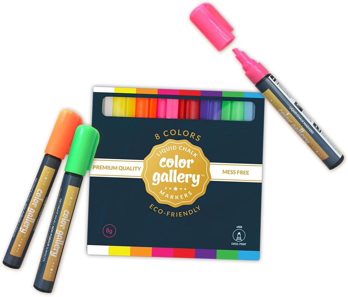 Liquid Chalk Markers - Pack of 8 Beautiful Colors , Fine and Chisel 6mm Tip, Best on Glass, Mirrors & Other Non-Porous Surfaces and for Eco-Friendly Fun