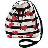Winatehr crochet heart drawstring knit bucket bag, small cute crossbody for women trendy, casual stripe everyday shoulder korean bags