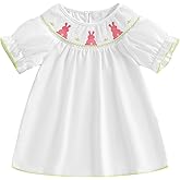 AHUGHAUE Toddler Girl Easter Smocked Dress Fly/Short Sleeve Bunny Embroidery Dresses Cute Summer Smocked Outfit