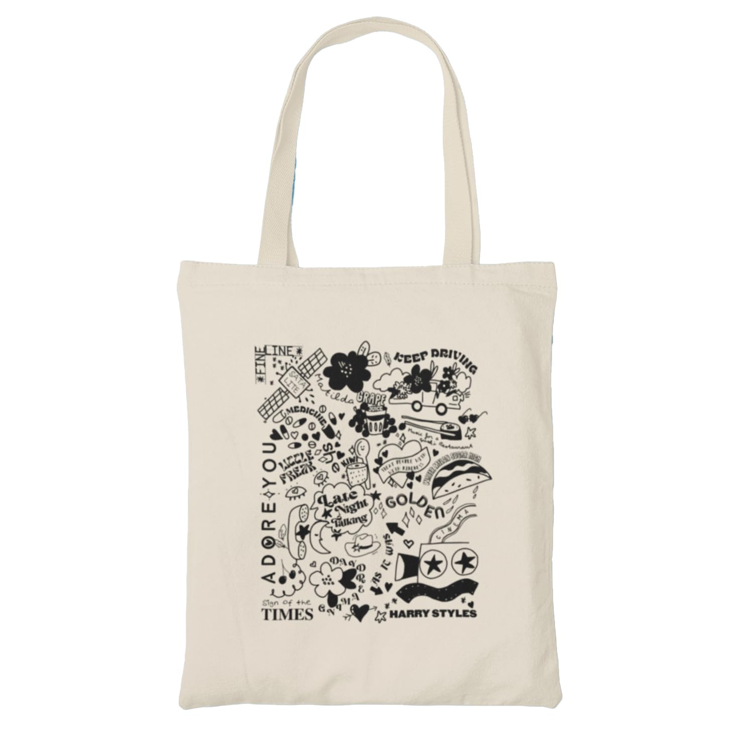 Harry Black Doodle Natural Tote Bag - Styles Love On Tour Songs Albums Singer Famous Celebrity Fan Adore Fashion Carrier Shopper Shopping Gifts Presents (Natural)