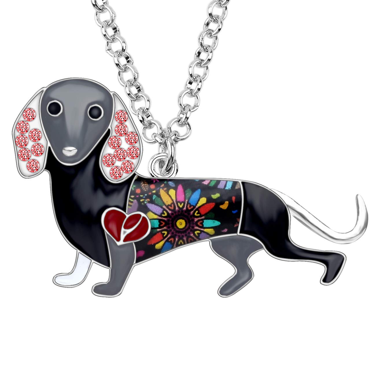 NEWEI Enamel Cute Dachshund Dog Necklace Pendant Rhinestones Ears Dachshund Dog Necklace Jewelry (Black)