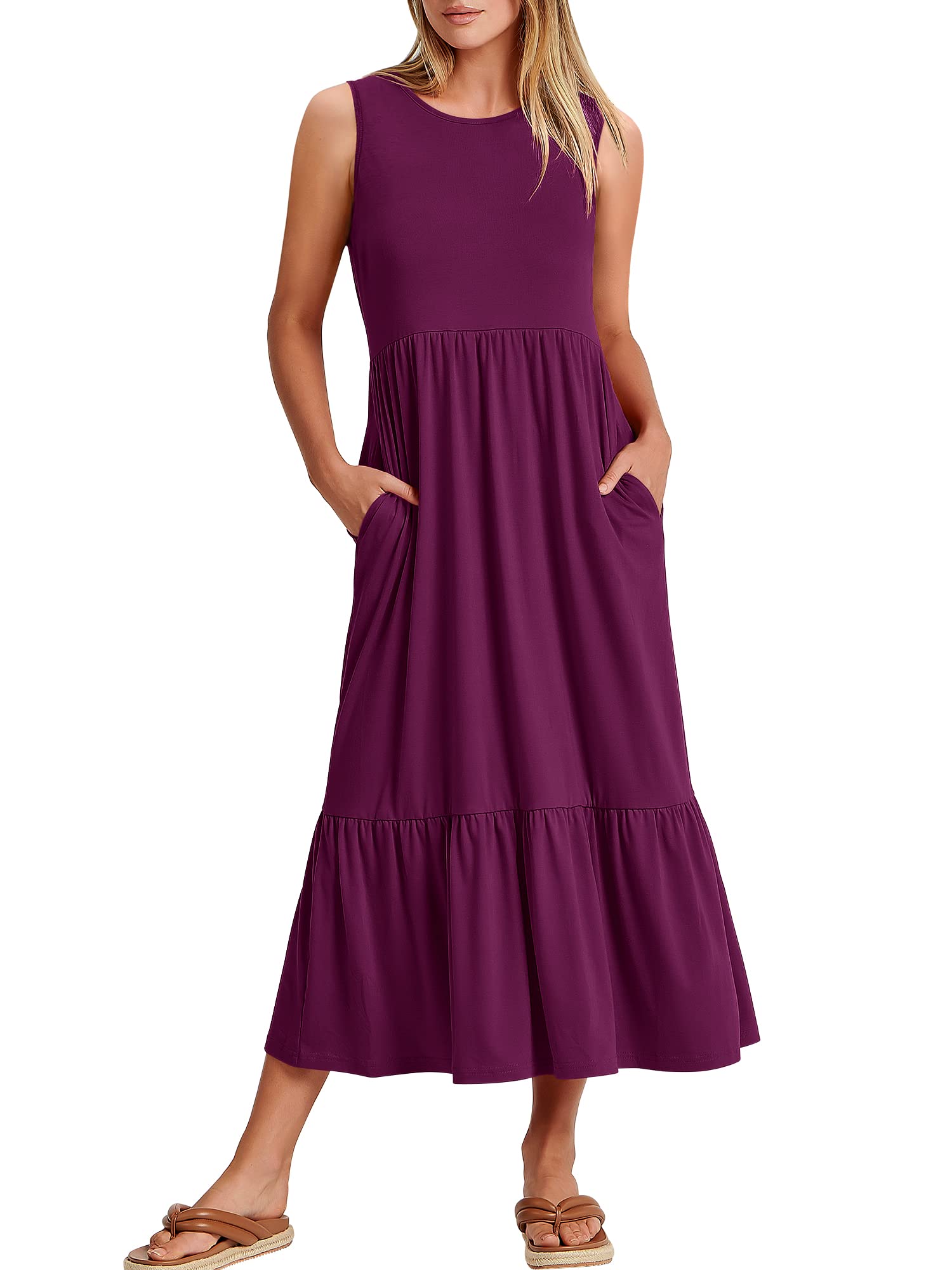 Photo 1 of (XXL) (BAGGED) ANRABESS Women Summer Casual Sleeveless Crewneck Sundress Aline Flowy Tiered Maxi Long Beach Dress Vacation Outfits XX-Large Purple