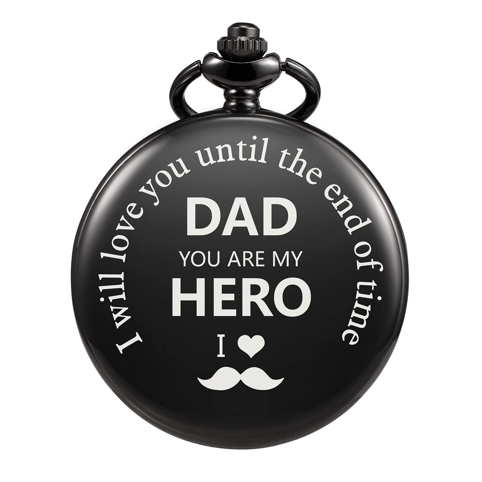 TREEWETO Mens Quartz Black Pocket Watch Engraved with Chain Gift Box for Dad Father Papa Valentines Father's Day Birthday