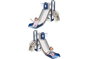 GITAWUSA 6 in 1 Toddler Slide for 1-3, Indoor Outdoor Kids Slide with Basketball Hoop, Storage, Climber and Telescope, L Shaped Slide for Toddler Climber Playset (Blue White)