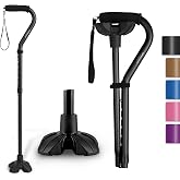 GPTCAMP Walking Cane Quad Base Self Standing 300lbs for Seniors | Folds, 1.1lb, 6 heights 31-36", offset EVA grip, wrist strap, all-terrain quiet base, for women men recovery