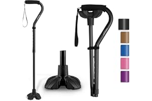GPTCAMP G1 Walking Stick, Walking Cane for Women & Men with Wrist Strap, Lightweight & Sturdy Offset EVA Handle, Large Quad Base, Self Standing for Seniors and People with Injuries & Recovery
