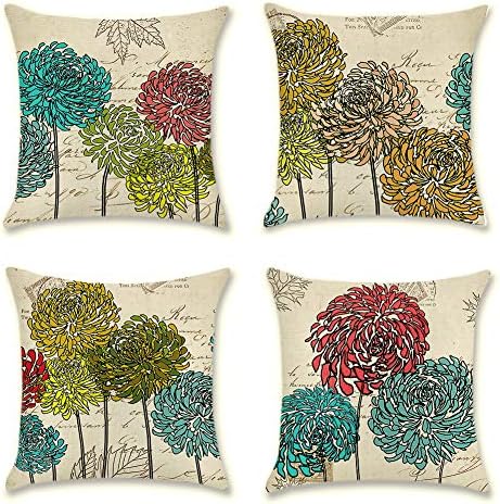 Artscope Pack of 4 Decorative Soft Cotton Linen Cushion Covers 45 x 45 cm Square Throw Pillow Covers Pillowcases for Sofa Couch Living Room (Retro Chrysanthemum)