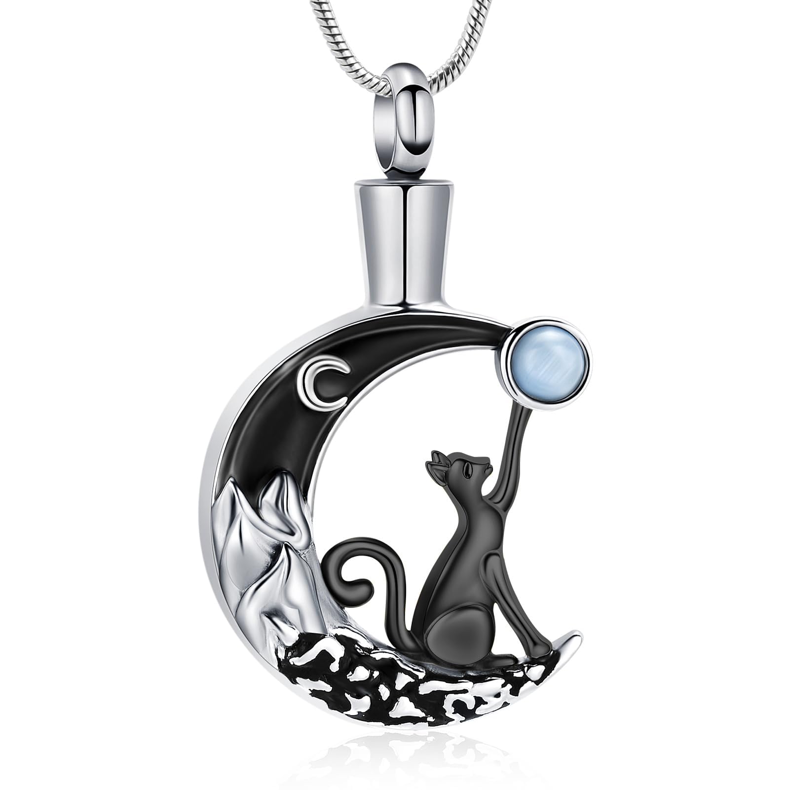 AIWENXI Cat Moon Urn Necklace for Women Pet Moonstone Cremation Jewelry for Ashes Stainless Steel Pendant Funeral Keepsake Loved Ones Memorial Gift