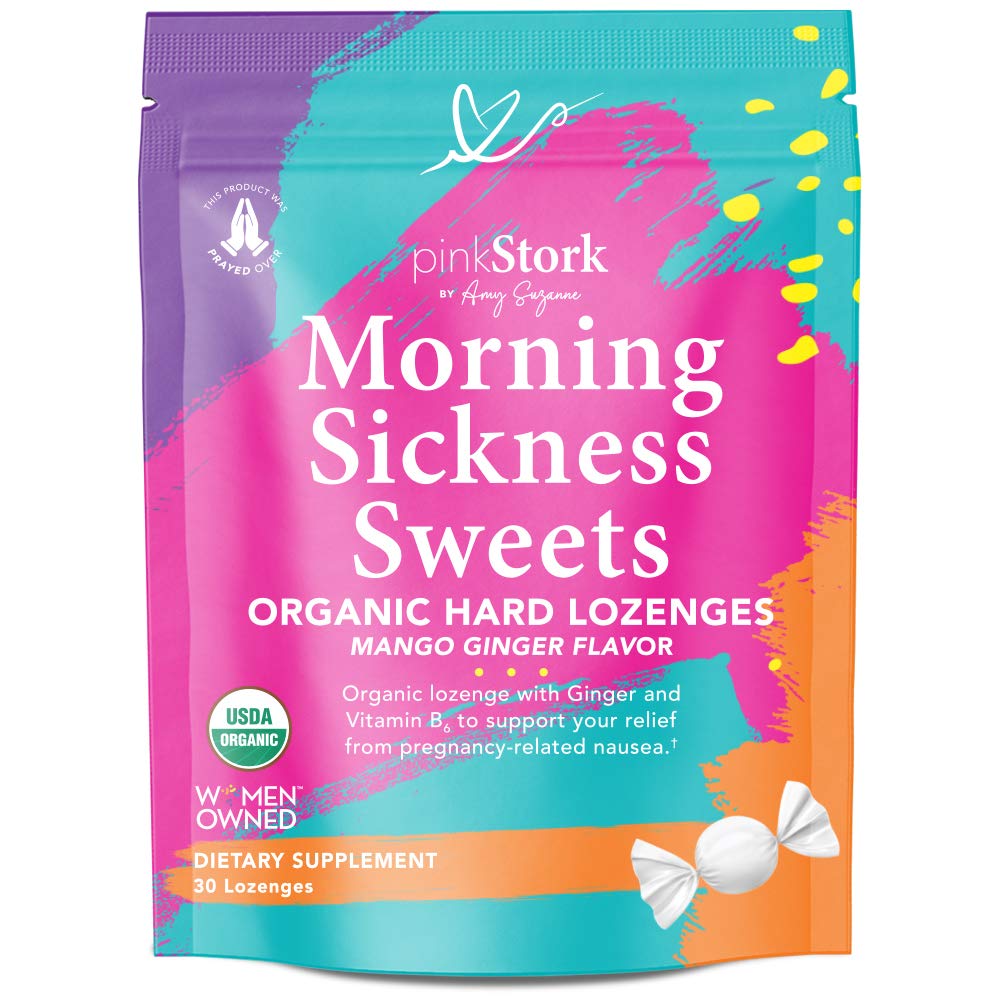 Pink Stork Morning Sickness Sweets: Ginger Mango Morning Sickness Candy for Pregnancy, Nausea, Digestion, 100% Organic + Vitamin B6, Women-Owned, 30 Hard Lozenges