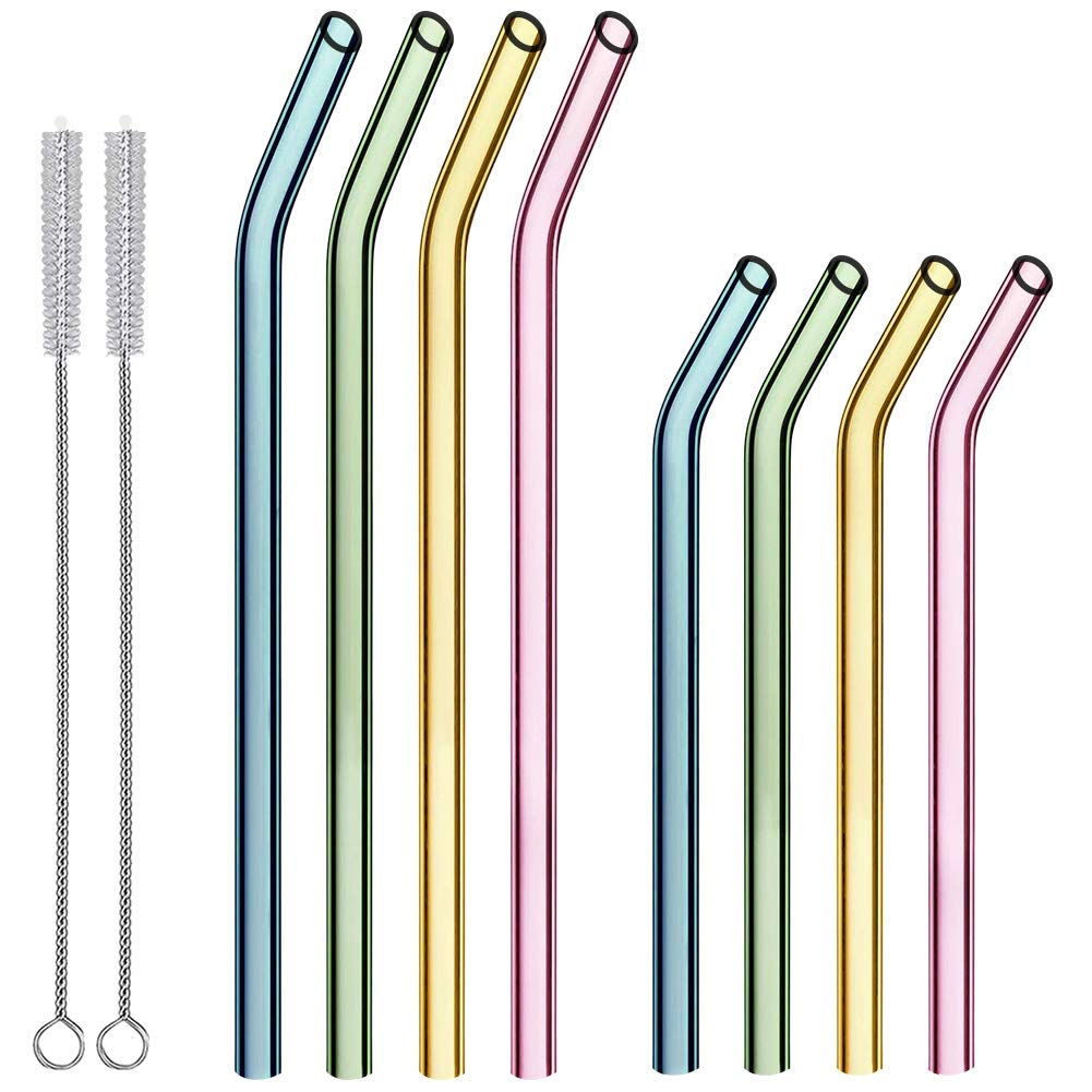 HONZUEN 8 Glass Straws, Reusable Eco Friendly BPA Free Coloured Curved Drinking Straws(7.85" and 5.9") with 2 Cleaning Brush, Easy to Clean, for 20oz/ 30oz Goblet, Milk Tea Cup, Juice Glass