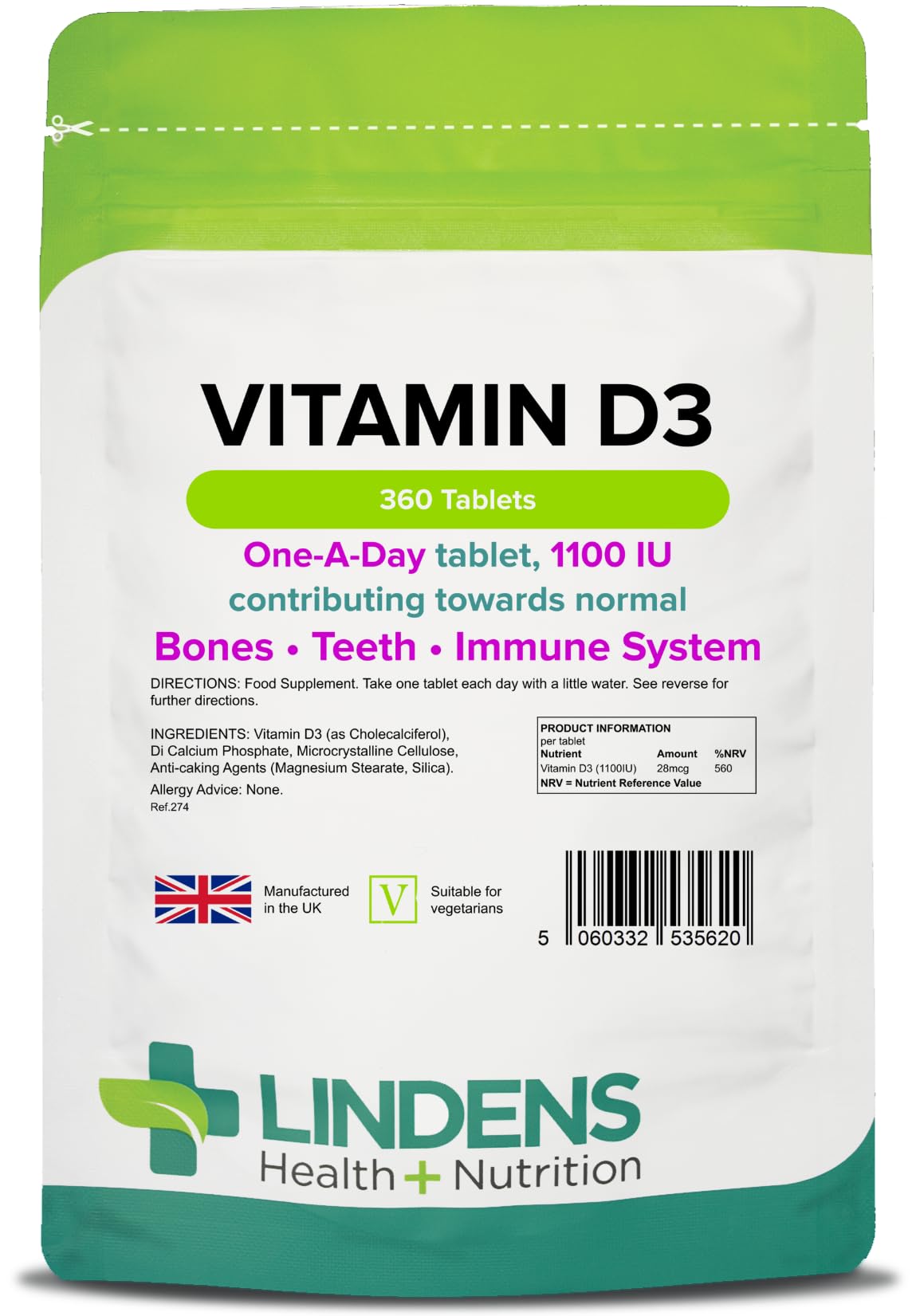 Lindens Vitamin D3 1100IU - 360 Tablets - Immune System, Bones, Teeth, UK Manufacturer Immune Support | (4 Months Supply) | Suitable for Vegetarians | Letterbox Friendly