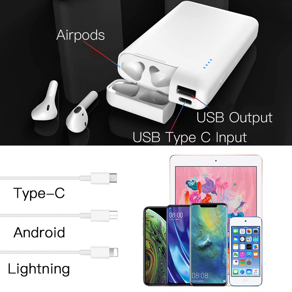 10000mah Power Bank Portable Phone Charger with AirPods Charging Case Cover built-in, USB Type C Ports 5V 3A Fast Charge External Battery Compatible with AirPod 1/2, iPhone, iPad, Samsung Galaxy, more