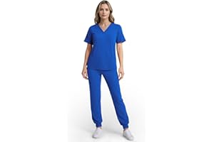 Eipnare Scrubs for Women Set, Stretchy V-Neck Top & Jogger Pants with Multi-Pocket Yoga Waistband