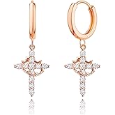 Robaice Gold Crown Cross Earrings for Women - 14K Gold Plated Huggie Hoop Earrings with CZ Diamond Cross Charm Dangle, Religious Christian Jewelry Gifts for Her