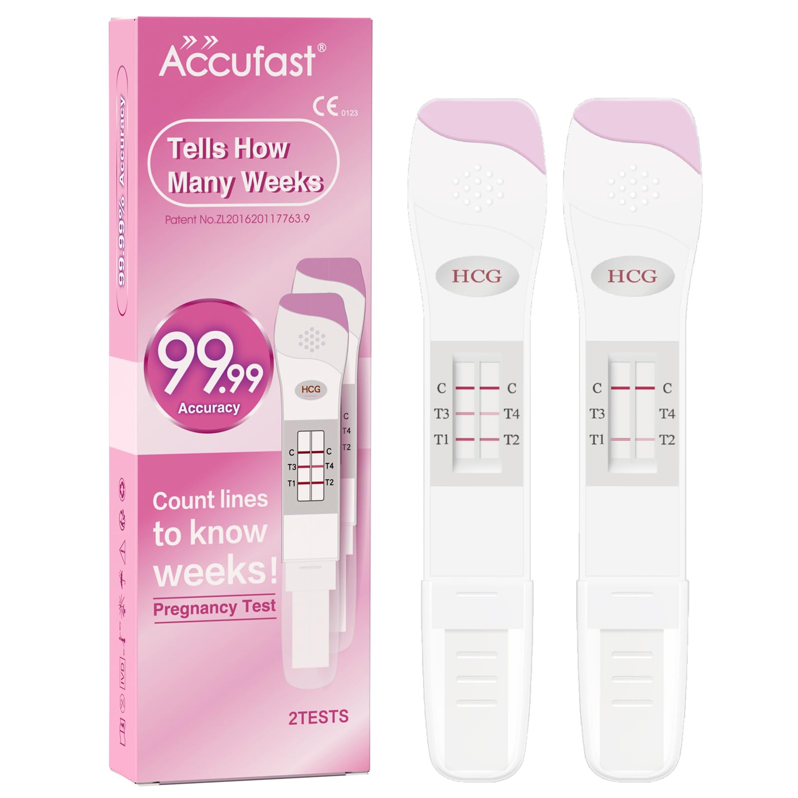 Accufast Pregnancy Test for Early Detection with Week Indicator to Tell You How Many Weeks Pregnant, hCG Urine Test with 99.99% Accurate & Quick Result (2 Tests)
