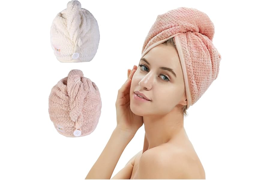 M-bestl 2 Pack Microfiber Hair Towel Wrap,Hair Drying Towel with Button, Hair Towel Turban,Quick Dry,Anti-frizz,Absorbent Head Towel (Pink&Beige)
