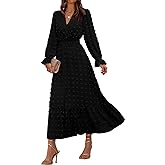 BTFBM Women Spring Maxi Dresses 2026 Long Sleeve V Neck Swiss Dots High Waisted A-Line Ruffle Boho Long Dress Vacation