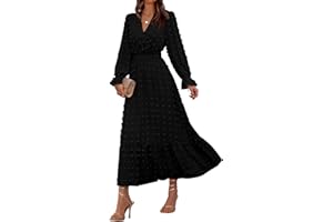 BTFBM Women Fall Maxi Dresses 2025 Long Sleeve V Neck Swiss Dots High Waisted A-Line Ruffle Boho Long Dress Vacation