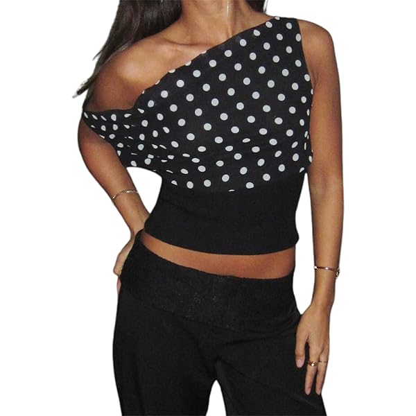 Y2k Polka Dot Tank Top for Women One Shoulder Sleeveless Halter