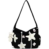HuiLeo Cute Tote Bag for Women Teens, Kawaii Corduroy Star Crossbody Shoulder Purse