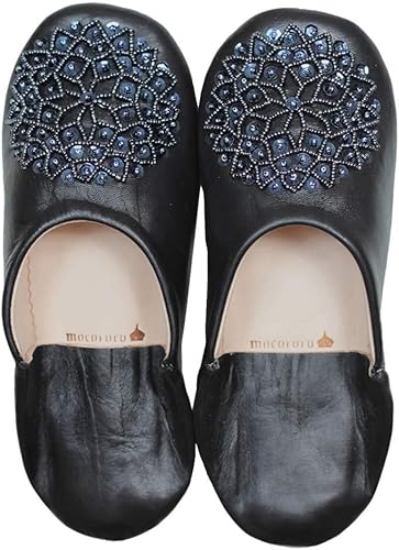 Amazon Mocororo モロッコバブーシュ Luxe 本革 ビーズ スパンコール ルームシューズ スリッパ レディース レディースサイズ Black Mocororo シューズ バッグ